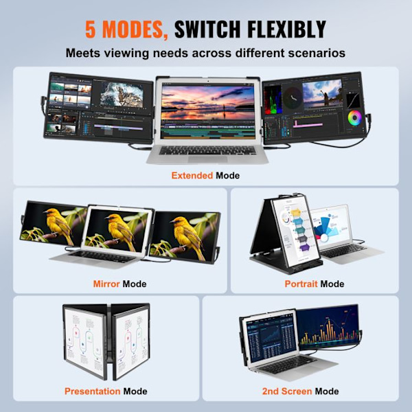14" HD-VEVOR bärbar bildskärm-2 datorer-Enkel vridbar skärm, USB-C/USB-A/Mini HDMI-port, kompatibel med Mac/Wins/Android