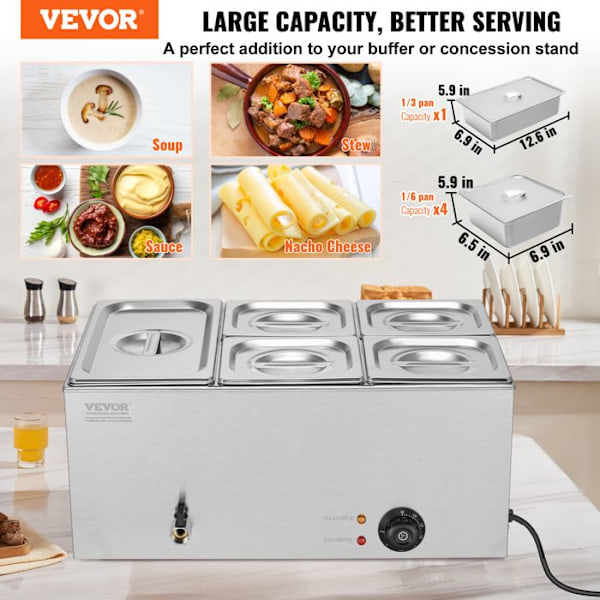 Buffématvärmare med 5 brickor-VEVOR-Bain-Marie Electric 1200 W-för uppvärmning Mat Catering Kvällsfest