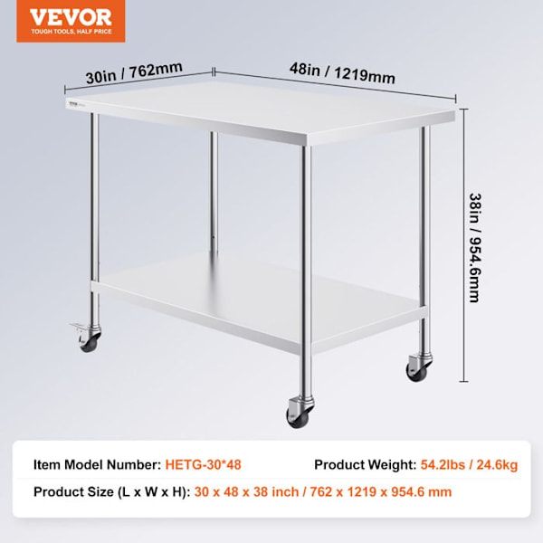 Arbetsbord i rostfritt stål-VEVOR-Förvaringsenhet för mat-30 x 48 x 38 tum-4 hjul,3 Justerbart-Kök-Silver