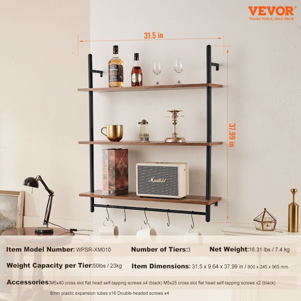 Industriell fyrkantsrörshylla-VEVOR-3 våningar-32" x 10"-Kök, sovrum, badrum-svart