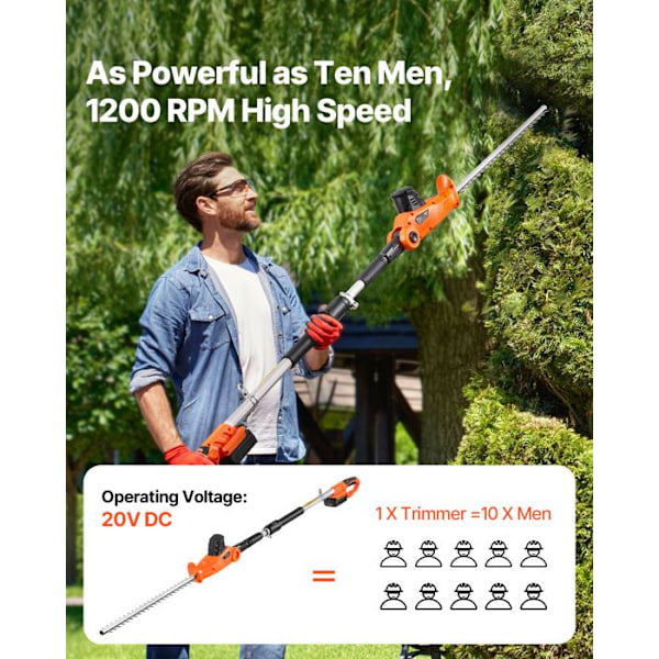 Trådlös Elektrisk Häcksax med Förlängningsskaft - VEVOR - 1,9-2,4 m 20 V Batteri 2 A - med 510 mm Blad - 5 Justerbara Vinklar