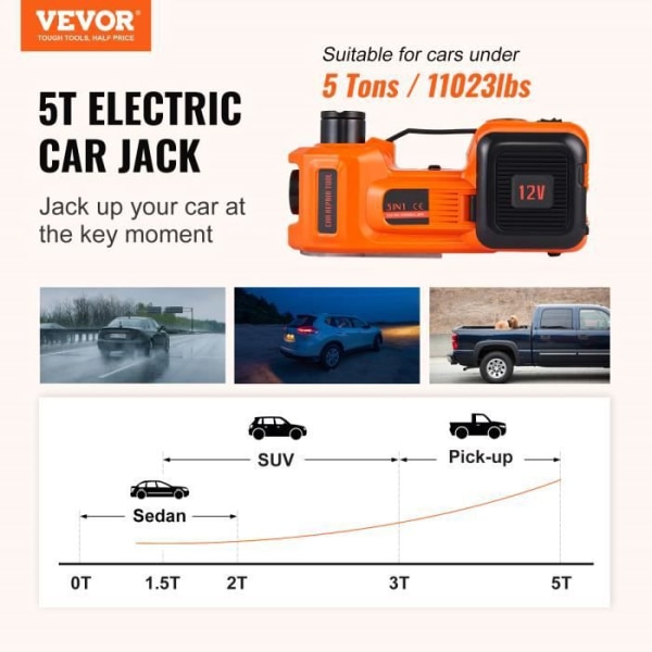 VEVOR Hydraulic Jack Electric Car Jack 5T 12V med inbyggd uppblåsare