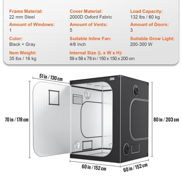Grow Tent - VEVOR - Grow Room 60 x 60 x 80 i Indoor Grow Tent Hydroponic fönsterdörrbricka