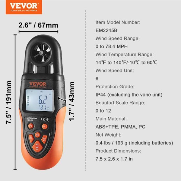 Vindmätare - VEVOR - Bluetooth Digital anemometer Mäter vindhastighet -10℃ till 60℃ LED-skärm