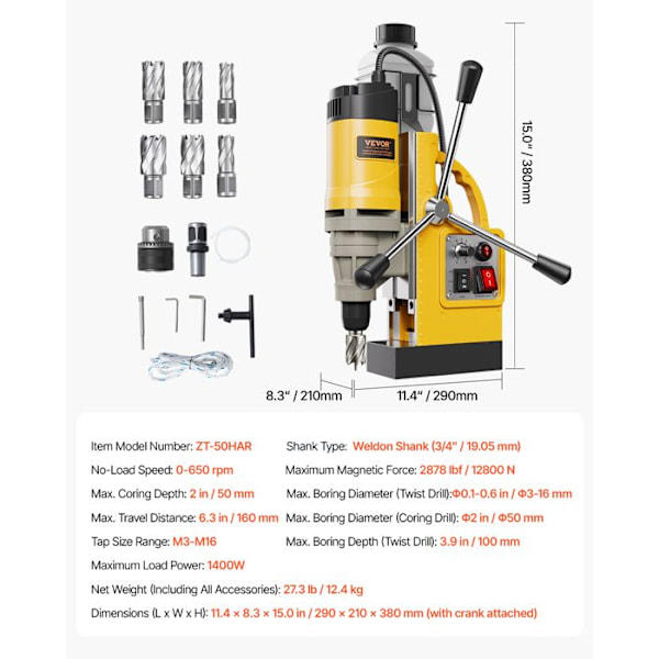 Magnetborrmaskin-VEVOR-1400 W-Portabel pelarborr-12800 N 50 mm-med 6 borr.