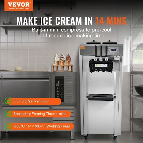 Kommersiell glassmaskin-VEVOR-21-31 L/h 1670 W 3 smaker, italiensk glassmaskin 2x4,3L Hopper-för Yoghurt Snack-Bar