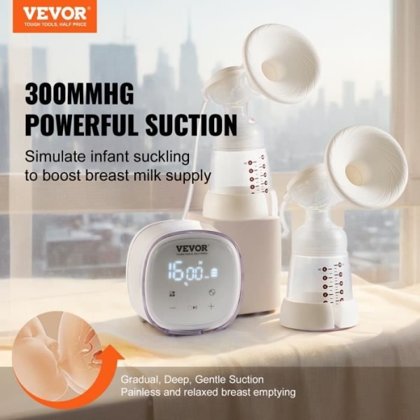 Bröstpump - VEVOR - 110 x 110 x 74 mm, 4 lägen 16 nivåer Sug 300 mmHg, LED-skärm för amning på resa hem