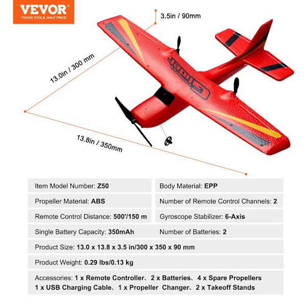 2,4 GHz dubbelkanals fjärrkontroll Flygplan-VEVOR-utrustat med 6-axligt gyroskop för stabilitet-Rött