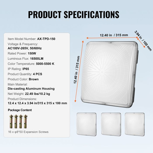 Set med 4 LED-markislampor - VEVOR - 150 W - 5000 K dagsljus - för bensinstationer, lager, garage, gator, butiker