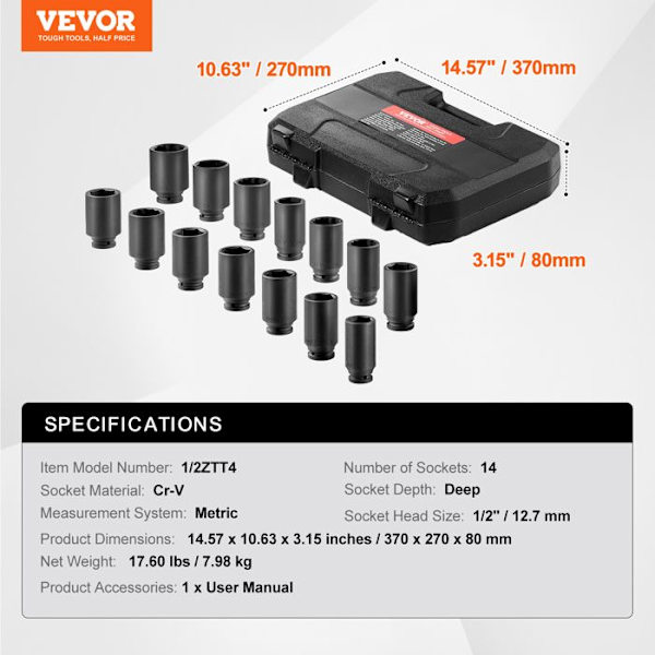 Deep Impact Socket Set för axelmuttrar 14st-VEVOR-Reparationsmonterings- och demonteringsverktyg