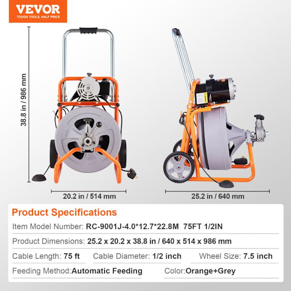 Maskin för Avloppsrensning - VEVOR - 75FT x 1/2 Tum - Dräneringsborre med Ström - för Rör på 2" till 4"