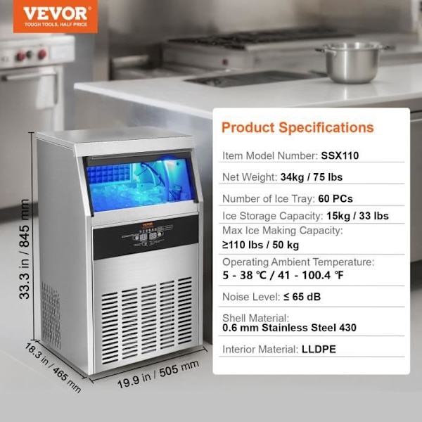 Ice Cube Machine - VEVOR - 53 kg-24 h 60 Ice Cube Brickor Lagringskapacitet 15 kg för Home Restaurant Bar