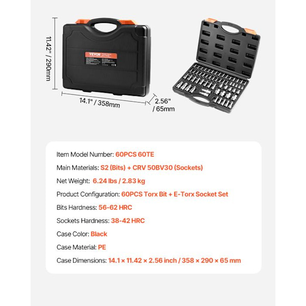 Torx- och Externa Torx Hylssats 60PCs-VEVOR-Hylssats-T6-T70, TT6-TT70, TP8-TP60-Drivningar 1/4, 3/8 och 1/2 tum