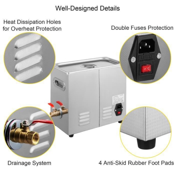 6,5 L Ultraljudsrengörare - VEVOR - 80℃ Uppvärmningstimer