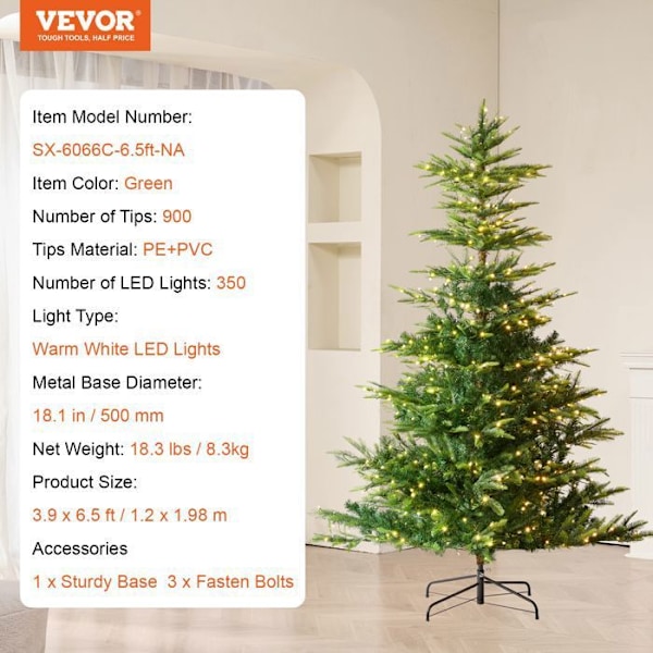 Julgran-VEVOR-Komplett julgran med 350 vita LED-lampor-900 grentips-Skrivbordsdekoration