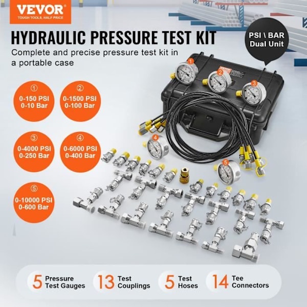Hydrauliskt trycktestsats-VEVOR-10-100-250-400-600 bar, 5 tryckmätare, 13 kopplingar, 14 T-anslutningar, 5 slangar