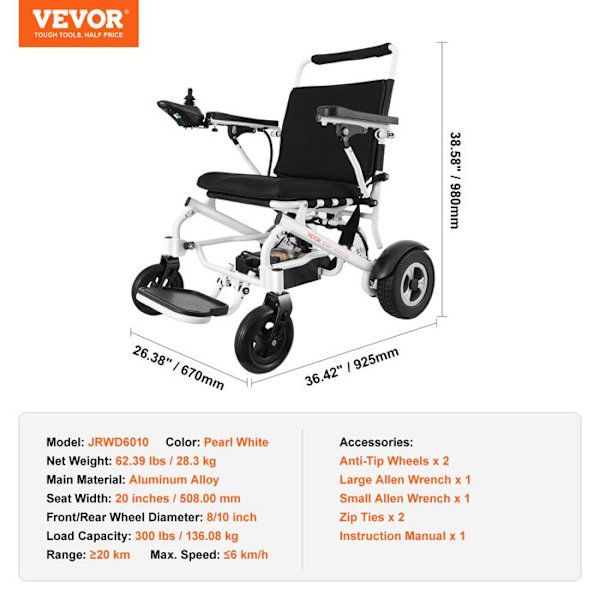 Elektrisk rullstol-VEVOR-Gammal man-Belastning 136 kg-Bredd 508 mm-All Terräng Långtäckande aluminiumstol