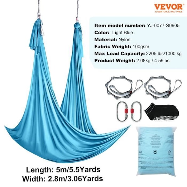 Yogahängmatta utomhus-VEVOR-blå5x2,8m-100 g-m² Belastning 1000 kg-Antigravity flygflygning-Fitness Bodybuilding Pilates Gym Hem