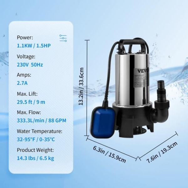 Avloppslyftspump - VEVOR - 1100 W 333,3 L-min avloppspump - med utloppsadapter