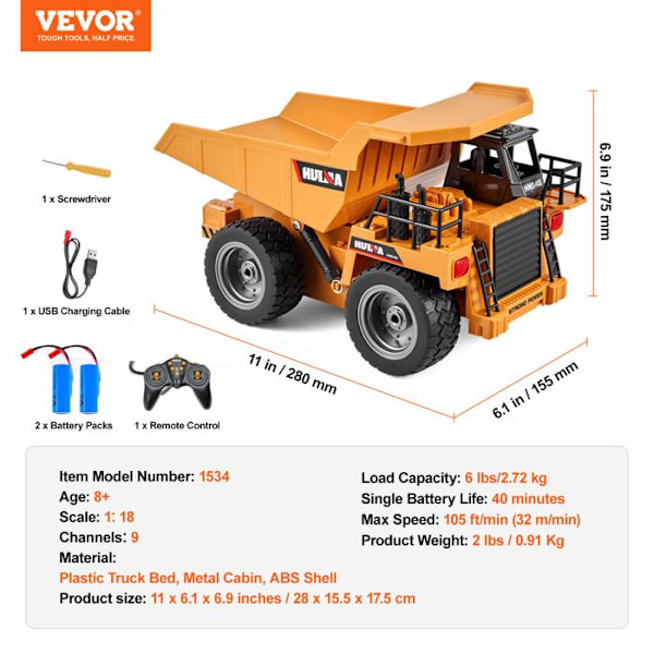 Fjärrkontroll dumper-VEVOR-28 x 15,5 x 17,5 cm-9 kanaler-2 uppladdningsbara batterier-för barn, pojkar, flickor