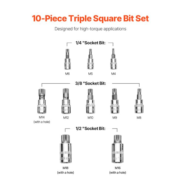 Triple Square Socket Set 10PCs-VEVOR-Socket Box-1/4, 3/8 och 1/2 tum-för Bilreparationstekniker