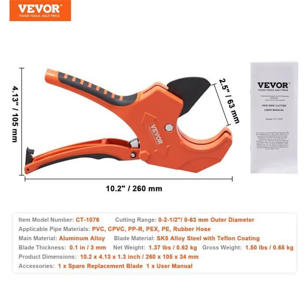 PVC-rörskärare -VEVOR- aluminiumlegering, med SK5 ersättningsblad för kapning av PVC, CPVC, PP-R, PEX, PE, gummirör