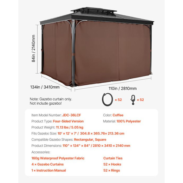 Integritetsgardin för Vattentät Utomhustält-VEVOR-Gardiner för Pergola-281x341x214 cm-Kaffe