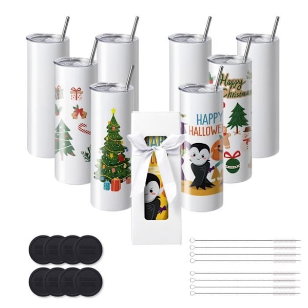 Set med 8 sublimations termoskoppar-VEVOR-95 cL-Tunnt och rakt-rostfritt stål, tomt lock och halm, presentförpackning