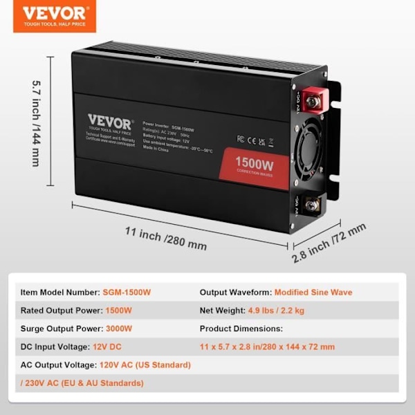 Truck Inverter - VEVOR - 280 x 144 x 72 mm Modifierad sinusvågsomriktare 1500W 12V DC till 230V AC CE FCC