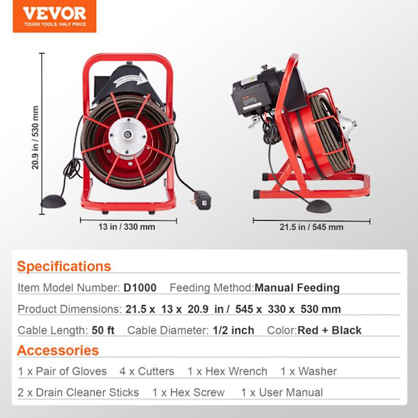 Avloppsrengöringsmaskin-VEVOR- 545 x 330 x 530 mm-250W elektrisk avloppsrengöringsmaskin med 4 fräsar