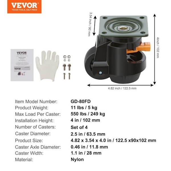Svängbara hjul - VEVOR - 122,5 x 90 x 102 mm, Set om 4, Total lastkapacitet 1000 kg, Med stöd, Justerbar 360°