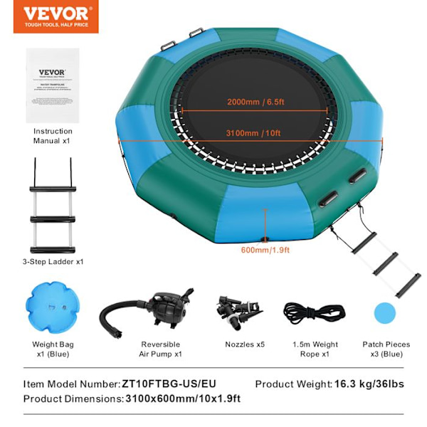 Uppblåsbar vattenstudsmatta-VEVOR-vattenstudsmatta 310x60cm-Flytande rebounder för barn, sjöpool-Blågrön