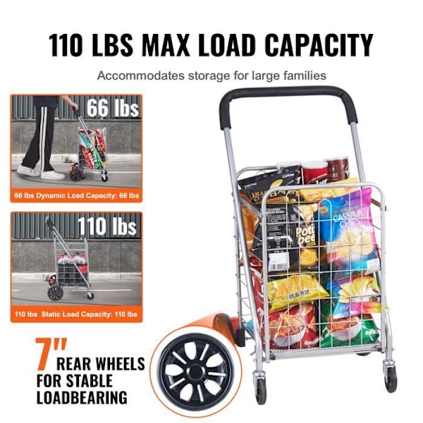 Hopfällbar kundvagn - VEVOR - 320 x 365 x 475 mm, maximal lastkapacitet 49,9 kg, Fällbar, silver, PP+EVA+kolstål