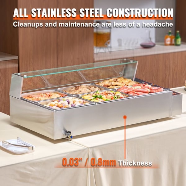 Chauffe-Plat Buffet-VEVOR-6 Bacs de 7,6 L-Bain-Marie Électrique 1500 W-Buffet Chauffant en Inox-Écran en Verre-Température Réglable