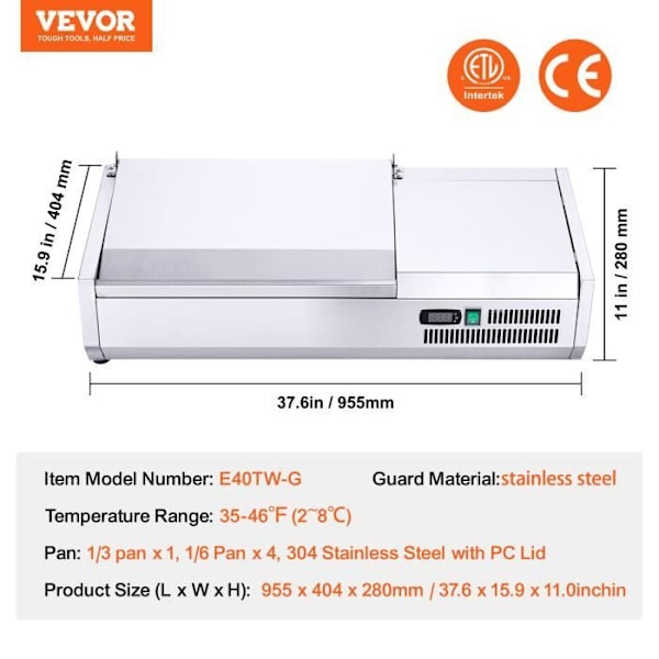 Kyld bänkskiva Saladette-VEVOR-140W- 1 1/3 kastrull och 4 1/6 kastruller-304 rostfritt stål Body-PC Lock-Köksingredienser