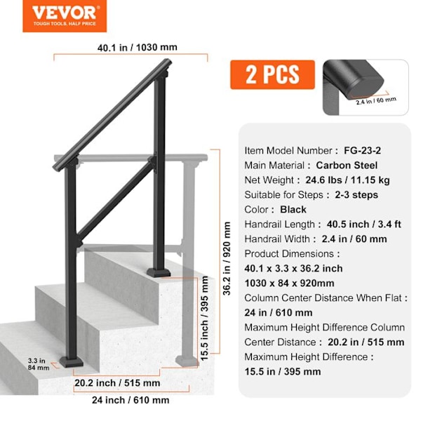 Ramper för utomhustrappor-VEVOR-1030 x 84 x 920 mm-för äldre, betongtrappor, veranda, uteplats-svart