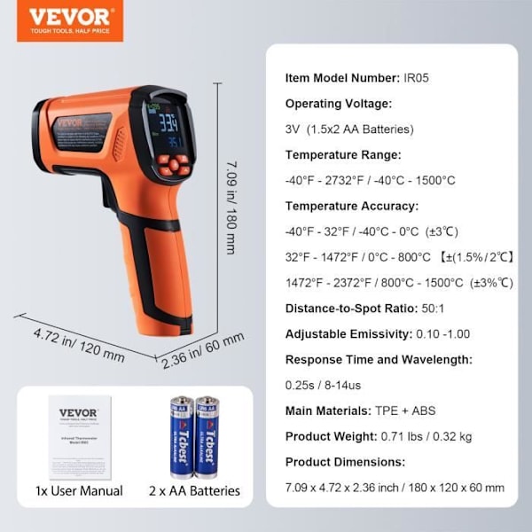 Infraröd termometer - VEVOR -50:1, -40°C~1500°C Ej kontakt, för metallsmältning-matlagning-pizzaugn (ej för människor)