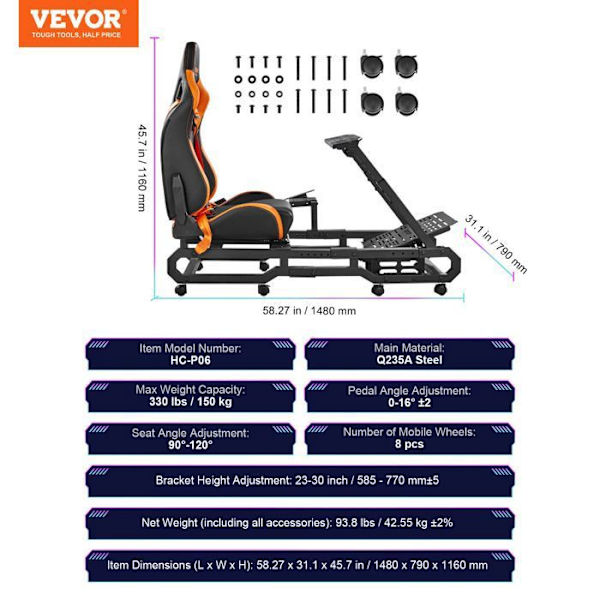 Racing rattstativ med hjul-VEVOR-Heavy Duty Stål körsimulator Cockpit-Belastning 150 kg-för Logitech G923