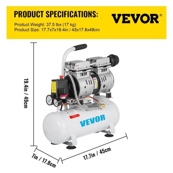 550W oljefri luftkompressor - VEVOR - 9L tyst tryckluftskompressor Vit