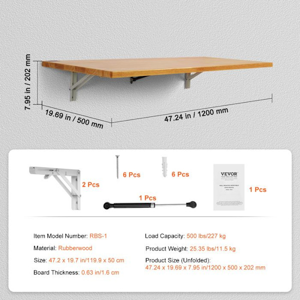 Väggmonterat hopfällbart bord-VEVOR-1200 mm x 500 mm-Väggmonterat fällbord med järnstativ - Hemmakontor, Matsal, Bar
