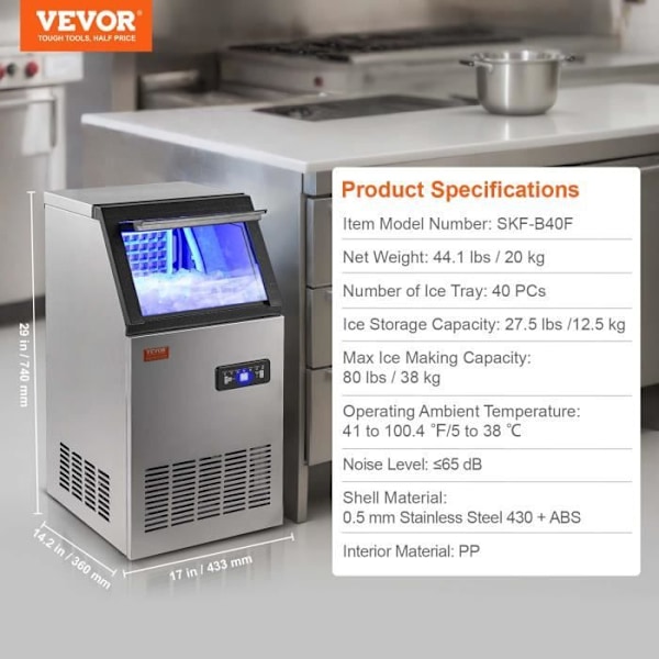 Ice Cube Machine - VEVOR - 38kg-24h 40 Ice Cube Brickor Lagringskapacitet 12,5 kg för Home Restaurant Bar