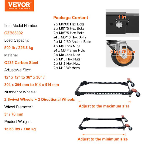 Mobil bas-VEVOR-belastning 226,8 kg-Robust universellt rullställ Justerbart 304 x 304 mm till 914 x 914 mm-Träbearbetningsutrustning
