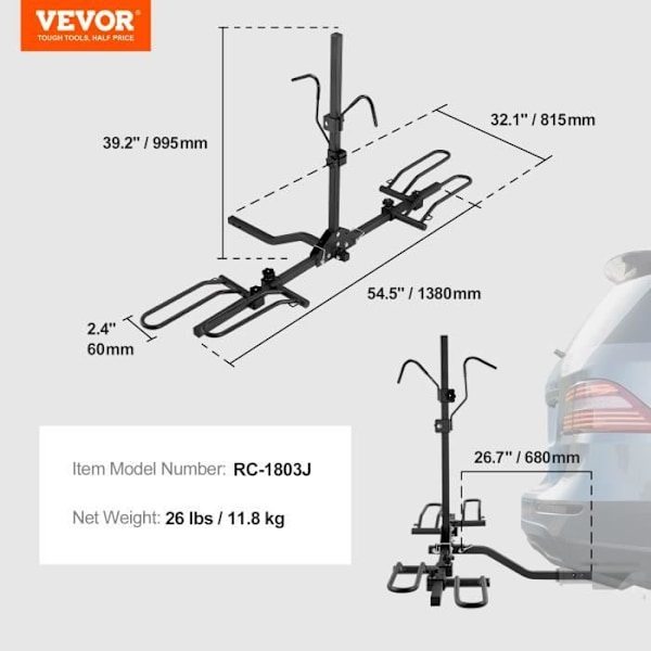 Cykelhållare - VEVOR - Dragmonterad cykelhållare 2-sits cykelhållare Last 36 kg SUV-resor, 815 x 1385 x 995 mm, 11,8 kg