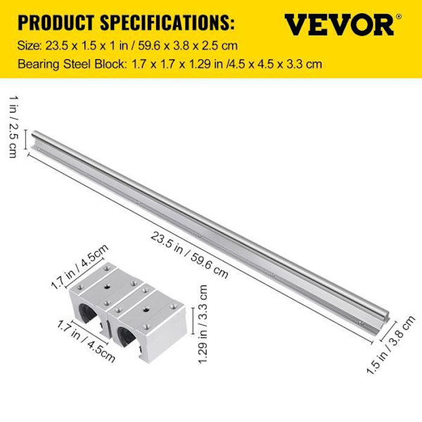 Miniatyr linjär rälsstyrning - VEVOR - 600 mm - 2 rälsaxlar 4 glidblock Silver