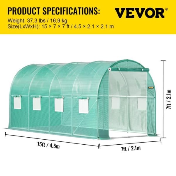 Tunnel Trädgårdsväxthus - VEVOR - Tunnelväxthus Galvaniserad ram Vattentät täckväxter 4,6x2,1x2,1 m Grön