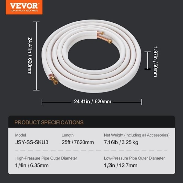Mini split lines -VEVOR- kanallöst AC-isolerat kopparrör 620 x 620 x 50 mm för mini-split luftkonditionering, kylmedelsutrustning