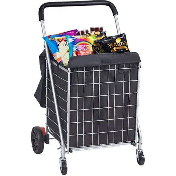 Hopfällbar shoppingvagn - VEVOR - maximal lastkapacitet 90,7 kg, Fällbar, silver, Med 4 svängbara hjul och svart väska
