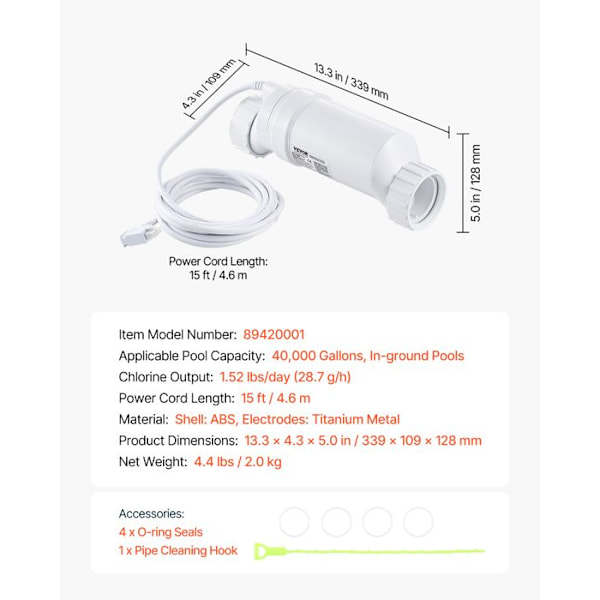 Saltwater Chlorination System-VEVOR-for In-Ground Pools of 151.4 kL-Pool Chlorination Cell-28.7 g/h