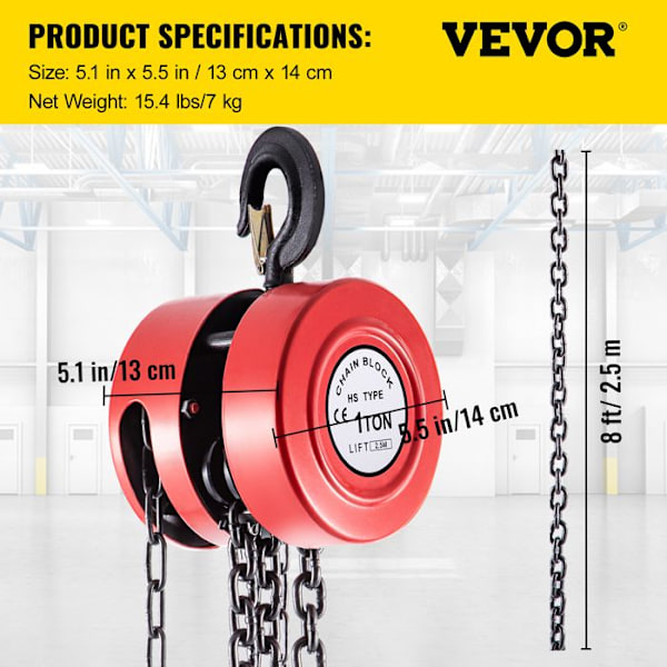 Kedjetelfer 1 T-VEVOR-Stål-Maximal lyftning på 2,5 m, 1000 kg-Säkerhetskrok-360°-Lyft tung last-Fabrikslagarbryggor