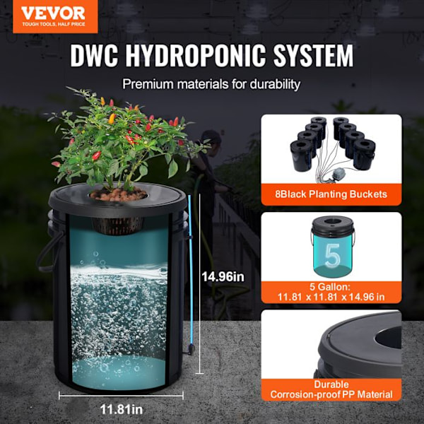 Hydroponiskt odlingssystem - VEVOR - 20L djupvattenodlingssats 8 hinkar - med luftpump, luftstenar